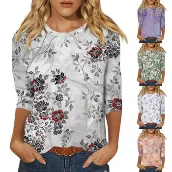Рубашки с рукавом 3/4 для женщин, футболки с графическим принтом, блузки, повседневные базовые топы, пуловеры XXXL
