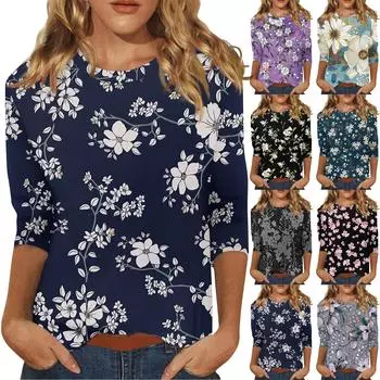 Рубашки с рукавом 3/4 для женщин, футболки с графическим принтом, блузки, повседневные базовые топы, пуловеры XL чёрный