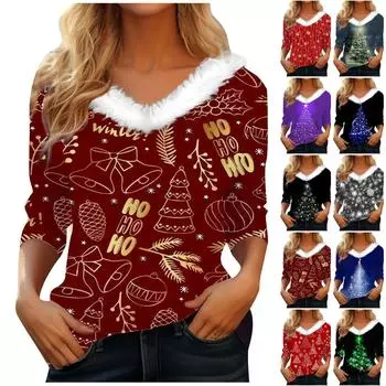 Рубашки с рукавом 3/4 для женщин, рождественские футболки с графическим принтом, блузки, повседневные базовые топы на пуговицах больших размеров, пуловеры XL чёрный