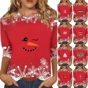 Рубашки с рукавом 3/4 для женщин, футболки с принтом, блузки, повседневные, больших размеров, базовые топы, пуловеры XXXXL