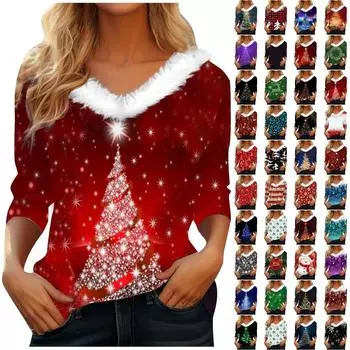 Рубашки с рукавом 3/4 для женщин, рождественские футболки с графическим принтом, блузки, повседневные базовые топы на пуговицах больших размеров, пуловеры L чёрный