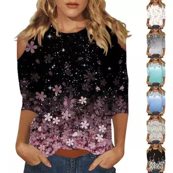 Рубашки с рукавом 3/4 для женщин с принтом, футболки с открытыми плечами, блузки, повседневные базовые топы, пуловеры L чёрный