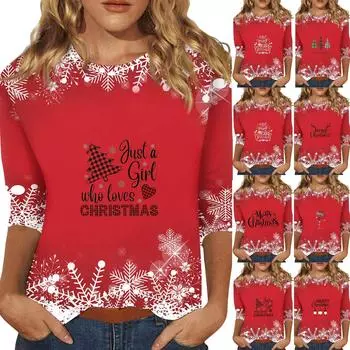 Рубашки с рукавом 3/4 для женщин, футболки с принтом, блузки, повседневные, больших размеров, базовые топы, пуловеры S винный