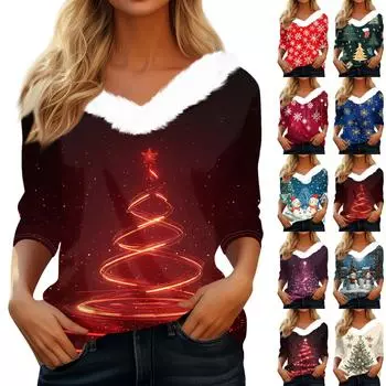 Рубашки с рукавом 3/4 для женщин, рождественские футболки с графическим принтом, блузки, повседневные базовые топы на пуговицах больших размеров, пуловеры XXL красный