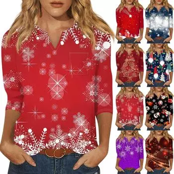 Рубашки с рукавом 3/4 для женщин Милые топы Рождественские принты Футболки Блузки Повседневные топы больших размеров Базовые топы Пуловеры XXL розовый