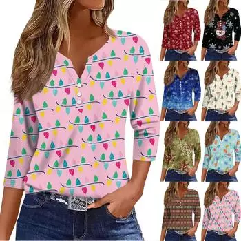 Рубашки с рукавом 3/4 для женщин, милые принты, графические футболки, блузки, повседневные блузки, туники с V-образным вырезом, топы S