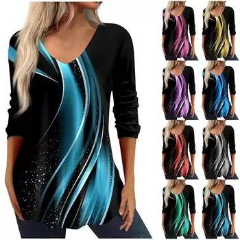 Рубашки с рукавом 3/4 для женщин, футболки с графическим принтом в стиле ретро, блузки, повседневные базовые топы больших размеров, пуловеры XXL