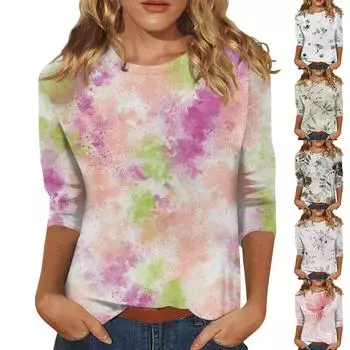 Рубашки с рукавом 3/4 для женщин, милые топы, футболки с рисунком, блузки, повседневные базовые топы больших размеров, пуловеры L