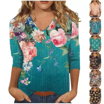 Рубашки с рукавом 3/4 для женщин, милые футболки с графическим принтом, блузки, повседневные базовые топы на пуговицах больших размеров, пуловеры XL фиолетовый