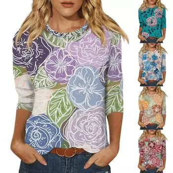 Рубашки с рукавом 3/4 для женщин, футболки с графическим принтом, блузки, повседневные базовые топы, пуловеры XXXL