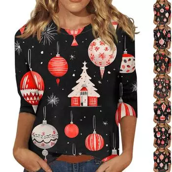 Рубашки с рукавом 3/4 для женщин, футболки с принтом, блузки, повседневные, больших размеров, базовые топы, пуловеры M киноварь