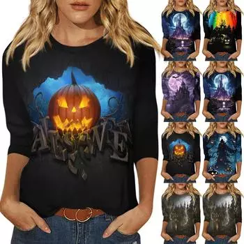 Рубашки с рукавом 3/4 для женщин, футболки с графическим принтом, блузки, повседневные базовые топы, пуловеры L чёрный