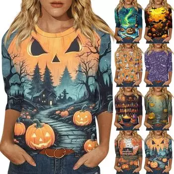 Рубашки с рукавом 3/4 для женщин, футболки с графическим принтом, блузки, повседневные базовые топы, пуловеры S чёрный