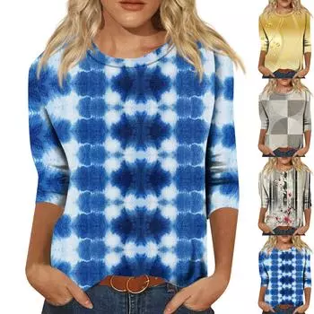 Рубашки с рукавом 3/4 для женщин, милые топы, футболки с рисунком, блузки, повседневные базовые топы больших размеров, пуловеры L синий