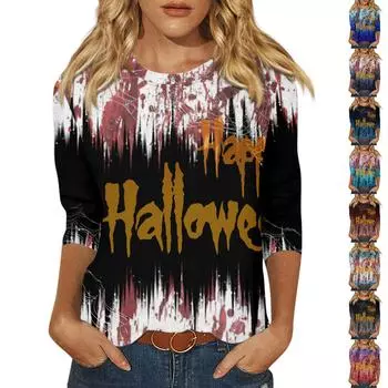 Рубашки с рукавом 3/4 для женщин Футболки с принтом на Хэллоуин Блузки Повседневные топы больших размеров Базовые топы Пуловеры XXL тёмно-синий