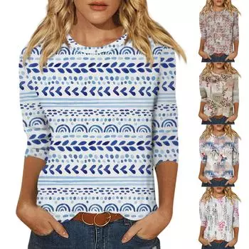 Рубашки с рукавом 3/4 для женщин, футболки с графическим принтом, блузки, повседневные базовые топы, пуловеры M