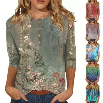 Рубашки с рукавом 3/4 для женщин, милые футболки с графическим принтом, блузки, повседневные базовые топы на пуговицах больших размеров, пуловеры L