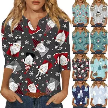 Рубашки с рукавом 3/4 для женщин Милые топы Рождественские принты Футболки Блузки Повседневные топы больших размеров Базовые топы Пуловеры L