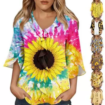 Рубашки с рукавом 3/4 для женщин, милые топы, футболки с рисунком, блузки, повседневные базовые топы больших размеров, пуловеры L оранжевый