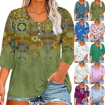 Рубашки с рукавом 3/4 для женщин, футболки с рисунком и пуговицами, блузки с v-образным вырезом, повседневные базовые топы больших размеров, пуловеры M