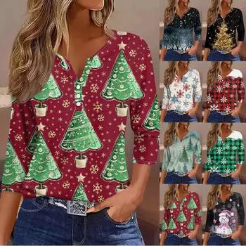 Рубашки с рукавом 3/4 для женщин, милые принты, графические футболки, блузки, повседневные блузки, туники с V-образным вырезом, топы L зелёный