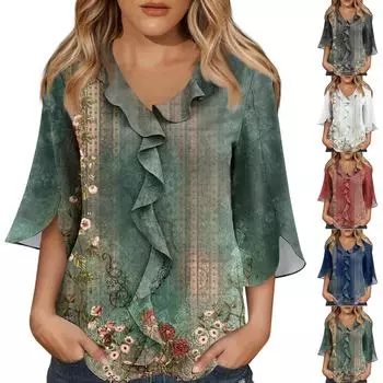 Рубашки с рукавом 3/4 для женщин, милые топы, футболки с рисунком, блузки, повседневные базовые топы больших размеров, пуловеры L армия зеленый