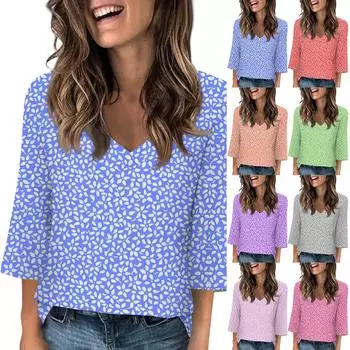 Рубашки с рукавом 3/4 для женщин, свободная футболка с принтом, топы с v-образным вырезом и рюшами, футболка, топ M зелёный