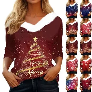 Рубашки с рукавом 3/4 для женщин, рождественские футболки с графическим принтом, блузки, повседневные базовые топы на пуговицах больших размеров, пуловеры L золотой