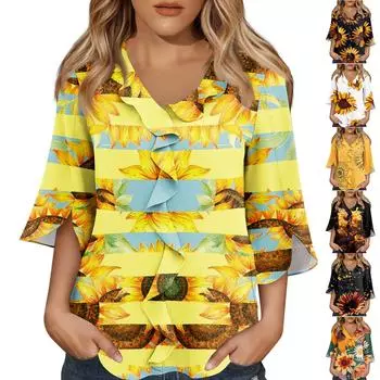 Рубашки с рукавом 3/4 для женщин, милые топы, футболки с рисунком, блузки, повседневные базовые топы больших размеров, пуловеры L