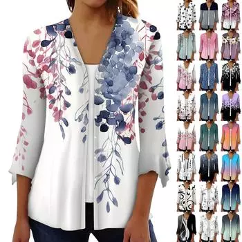 Рубашки с рукавом 3/4 для женщин, свободная футболка с принтом, топы с v-образным вырезом и рюшами на рукавах M серый