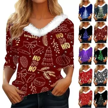 Рубашки с рукавом 3/4 для женщин, рождественские футболки с графическим принтом, блузки, повседневные базовые топы на пуговицах больших размеров, пуловеры XXXL