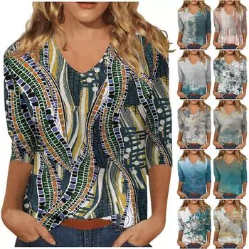Рубашки с рукавом 3/4 для женщин, милые футболки с графическим принтом, блузки, повседневные базовые топы на пуговицах больших размеров, пуловеры L