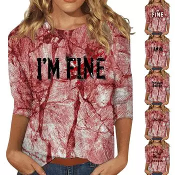 Рубашки с рукавом 3/4 для женщин, футболки с принтом, блузки, повседневные, больших размеров, базовые топы, пуловеры XXL чёрный