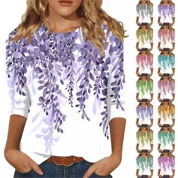 Рубашки с рукавом 3/4 для женщин, милые футболки с графическим принтом, блузки, повседневные базовые топы больших размеров, пуловеры L