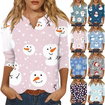 Рубашки с рукавом 3/4 для женщин Милые топы Рождественские принты Футболки Блузки Повседневные топы больших размеров Базовые топы Пуловеры M