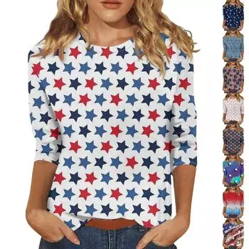 Рубашки с рукавом 3/4 для женщин, футболки с принтом в честь Дня независимости, блузки, повседневные базовые топы больших размеров, пуловеры XXL красный