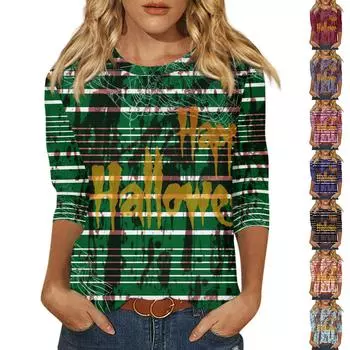Рубашки с рукавом 3/4 для женщин Футболки с принтом на Хэллоуин Блузки Повседневные топы больших размеров Базовые топы Пуловеры XXXL чёрный