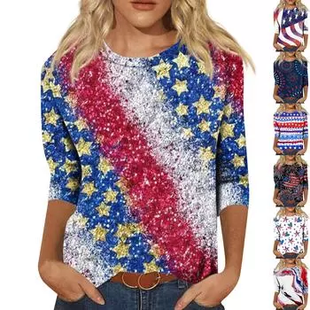 Рубашки с рукавом 3/4 для женщин, милые топы, футболки с рисунком, блузки, повседневные базовые топы больших размеров, пуловеры L