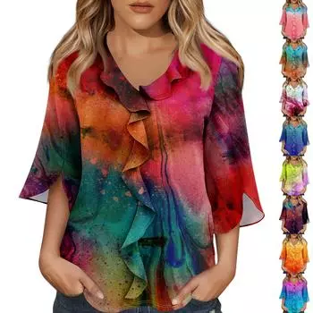 Рубашки с рукавом 3/4 для женщин, милые топы, футболки с рисунком, блузки, повседневные базовые топы больших размеров, пуловеры L
