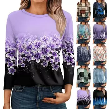 Рубашки с рукавом 3/4 для женщин, милые футболки с графическим принтом, блузки, повседневные базовые топы больших размеров, пуловеры L синий