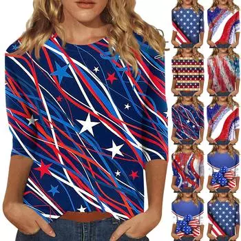 Рубашки с рукавом 3/4 для женщин, футболки с принтом в честь Дня независимости, блузки, повседневные базовые топы больших размеров, пуловеры L синий