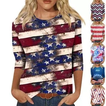 Рубашки с рукавом 3/4 для женщин, милые топы, футболки с рисунком, блузки, повседневные базовые топы больших размеров, пуловеры L синий