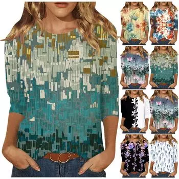 Рубашки с рукавом 3/4 для женщин, милые футболки с графическим принтом, блузки, повседневные базовые топы больших размеров, пуловеры L чёрный