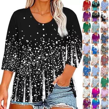 Рубашки с рукавом 3/4 для женщин, футболки с рисунком и пуговицами, блузки с v-образным вырезом, повседневные базовые топы больших размеров, пуловеры M