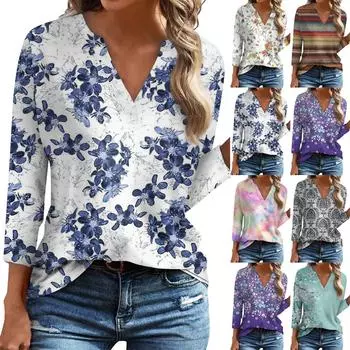 Рубашки с рукавом 3/4 для женщин, футболки с графическим принтом, блузки, повседневные базовые топы больших размеров, пуловер, обычный топ с v-образным вырезом L