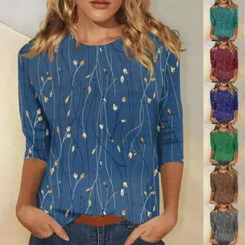Рубашки с рукавом 3/4 для женщин, милые футболки с графическим принтом, блузки, повседневные базовые топы больших размеров, пуловеры L синий
