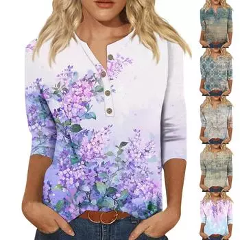 Рубашки с рукавом 3/4 для женщин, милые футболки с графическим принтом, блузки, повседневные базовые топы больших размеров, пуловеры L