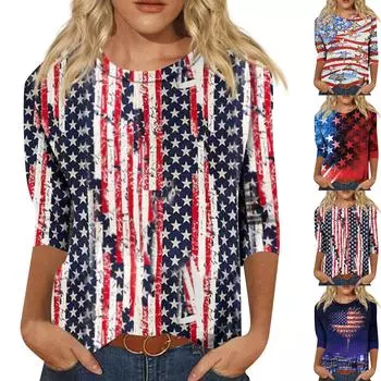 Рубашки с рукавом 3/4 для женщин, милые топы, футболки с рисунком, блузки, повседневные базовые топы больших размеров, пуловеры L синий