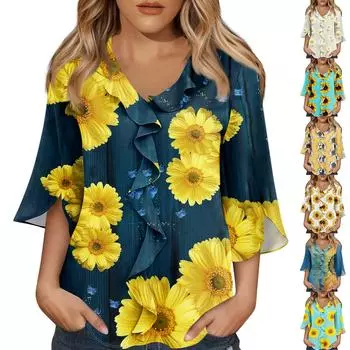 Рубашки с рукавом 3/4 для женщин, милые топы, футболки с рисунком, блузки, повседневные базовые топы больших размеров, пуловеры L синий