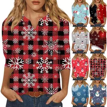 Рубашки с рукавом 3/4 для женщин Милые топы Рождественские принты Футболки Блузки Повседневные топы больших размеров Базовые топы Пуловеры S
